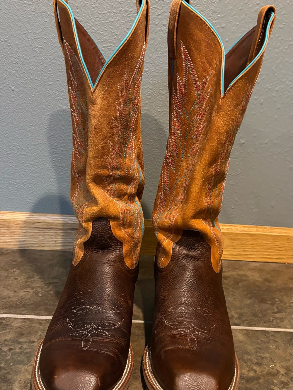 Men's Horsepower Two-Tone Brown & Tan Western Cowboy Boots with Turquoise Trim